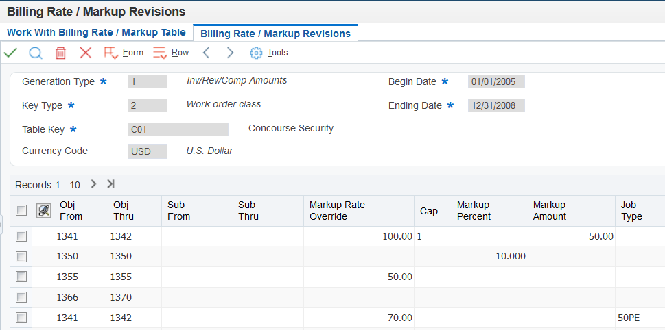 Billing Rate / Markup Revisions form