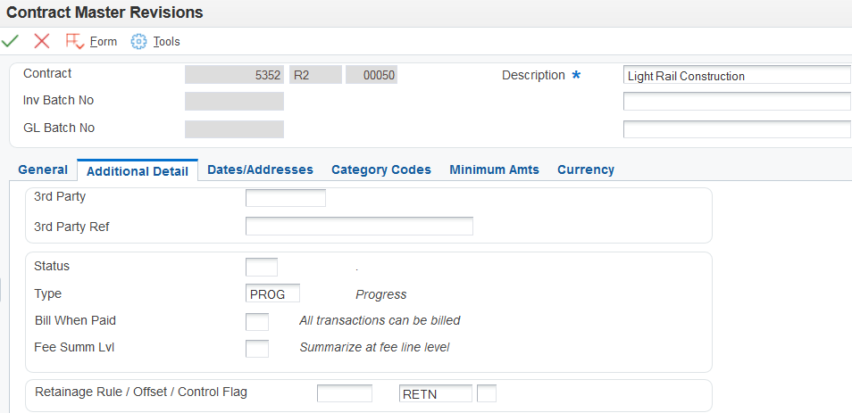Contract Master Revisions form: Additional Detail tab