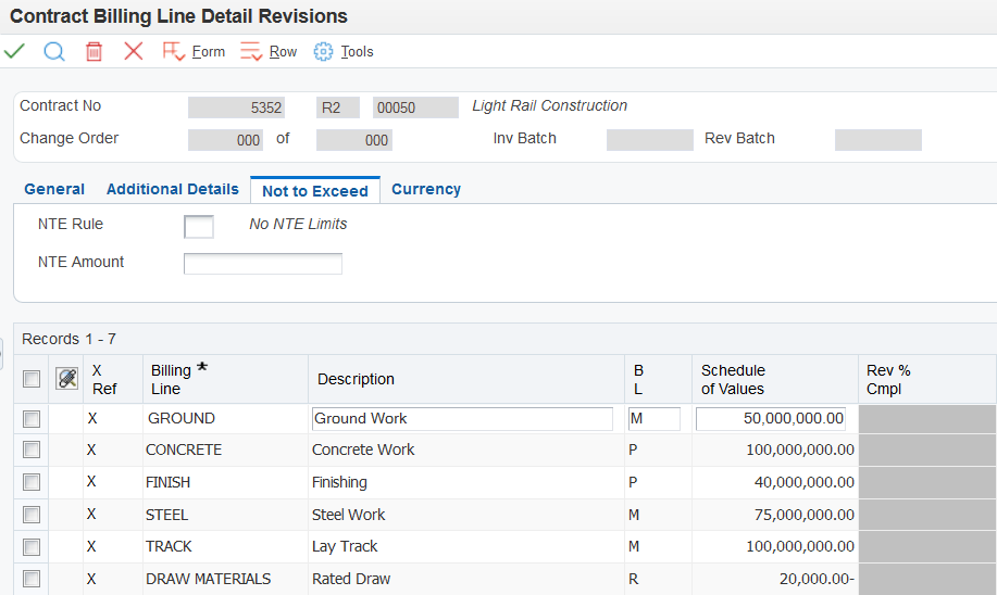 Contract Billing Line Detail Revisions form: Not to Exceed tab