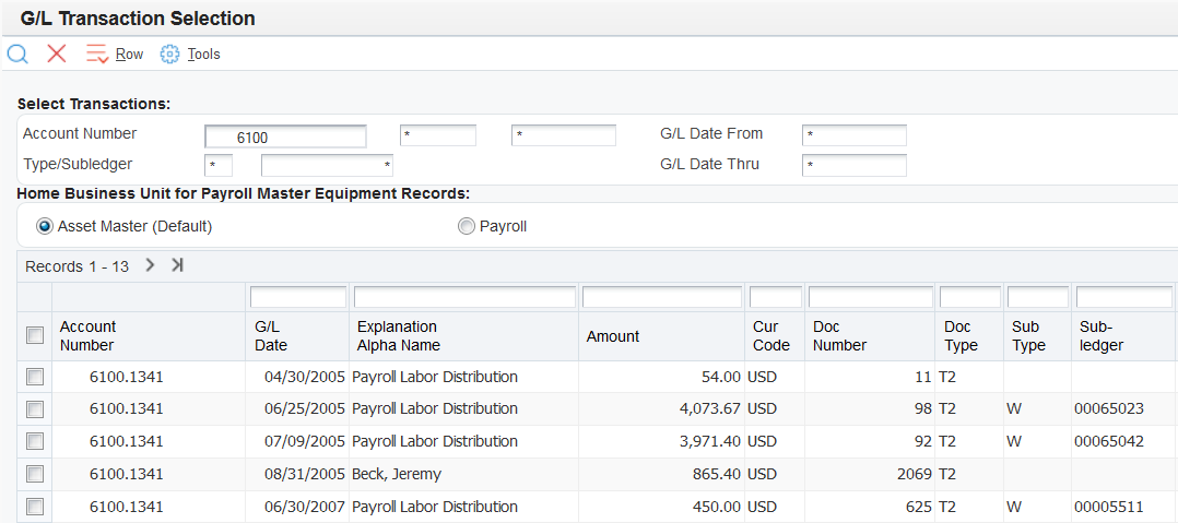 G/L Transaction Selection form