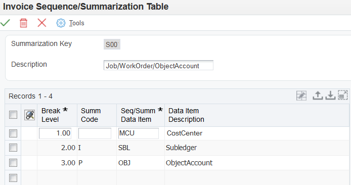 Invoice Sequence/Summarization Table form