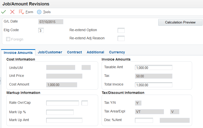 Job/Amount Revisions form