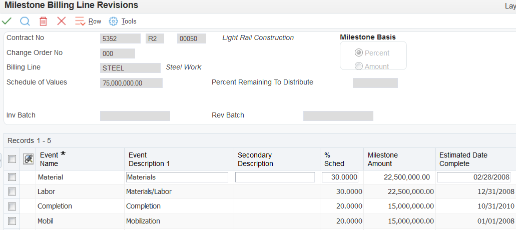 Milestone Billing Line Revisions form