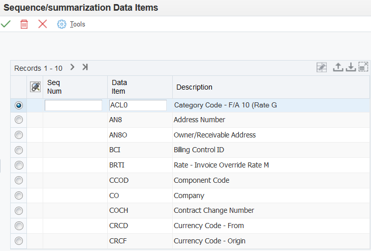 Sequence/summarization Data Items form