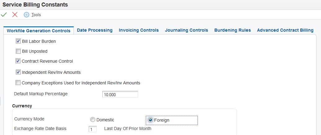 Service Billing Constants form: Workfile Generation Controls tab
