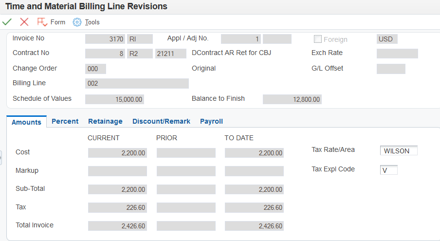 Time and Material Billing Line Revisions form