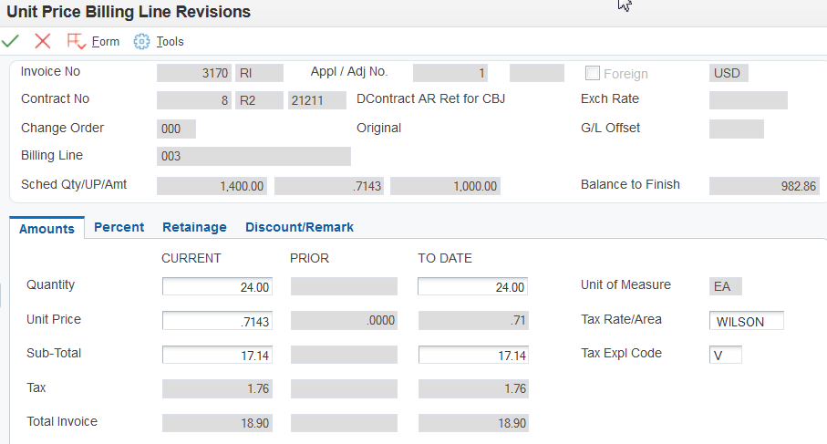 Unit Price Billing Line Revisions form