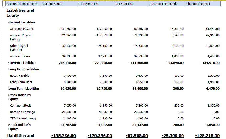 Balance Sheet by Business Unit: Second Table filtered to Show Only Liability Accounts