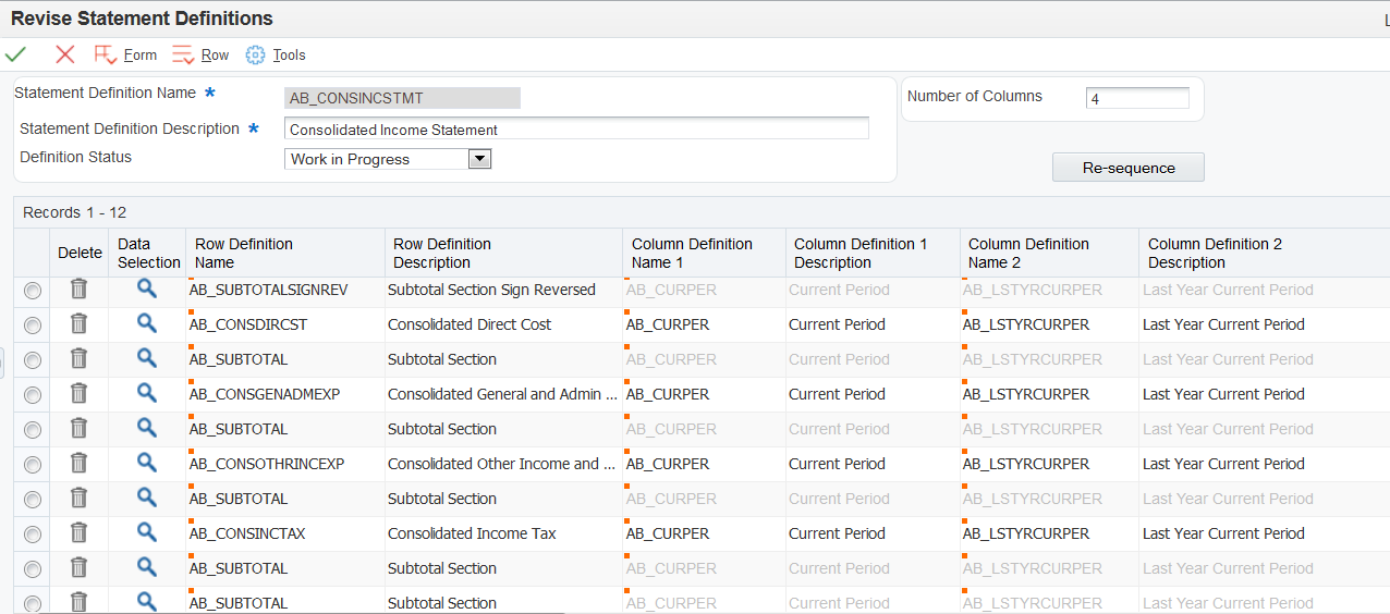 Consolidated Income Statement: Statement Definition, Rows, and First Two Columns (2 of 2)