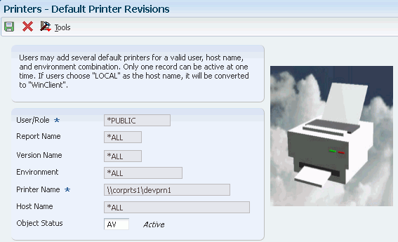 Default Printer Revisions Form.