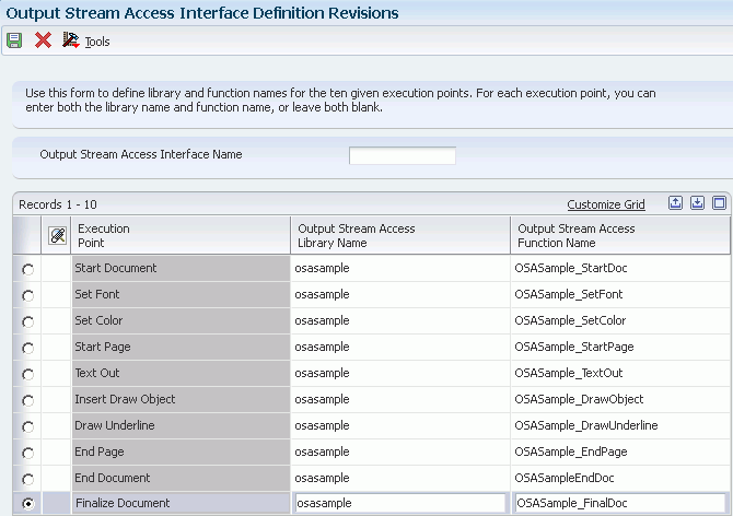Output Stream Access Interface Definition Revisions Form.