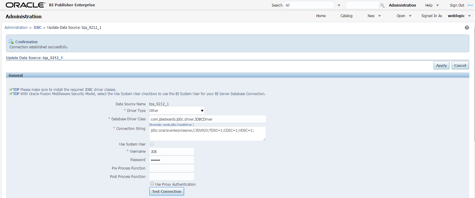 Adding the JDBC Driver as an Oracle BI Publisher data source.