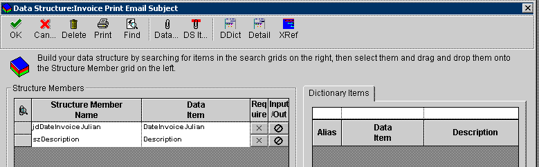 Data structure with data items for text-substitution values.