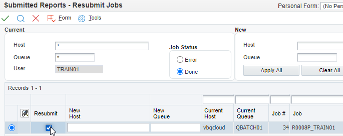 Submit Reports - Resubmit Jobs Form