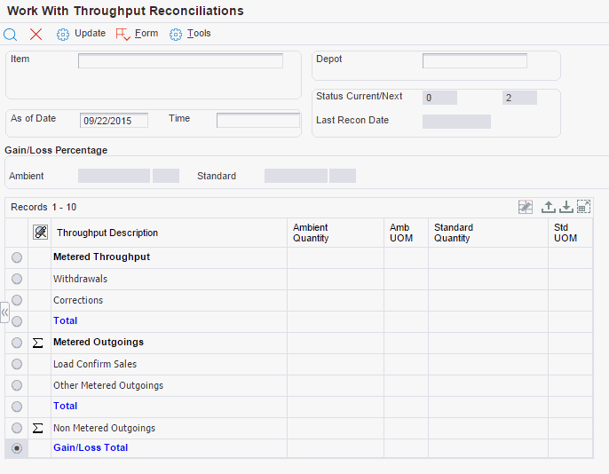 Work With Throughput Reconciliations form