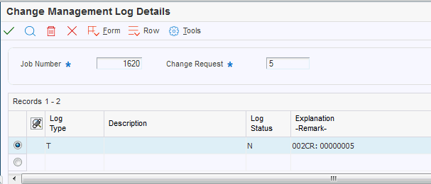 Change Management Log Details form.