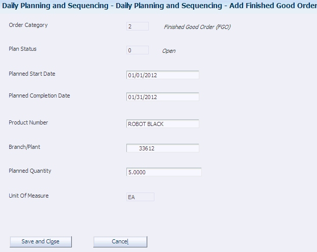 Add Finished Good Order form