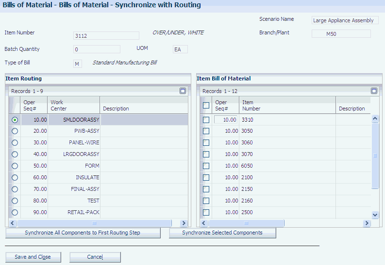 Bills of Material - Synchronize with Routing form