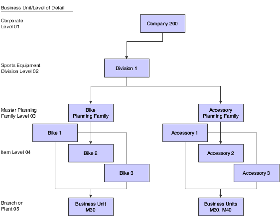 Example of a manufacturing hierarchy for Company 200