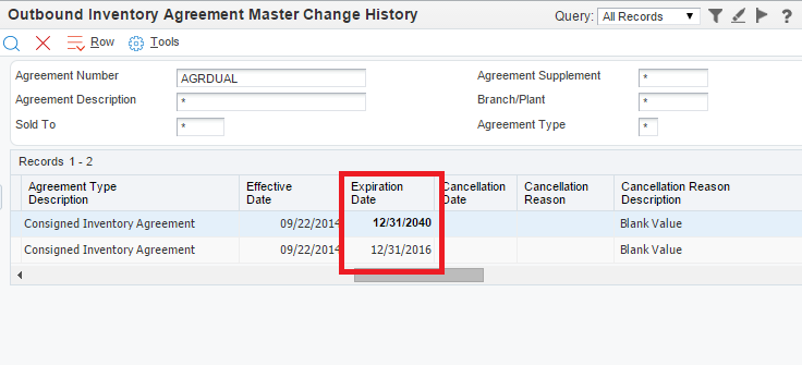 Outbound Inventory Agreement Master Change History form