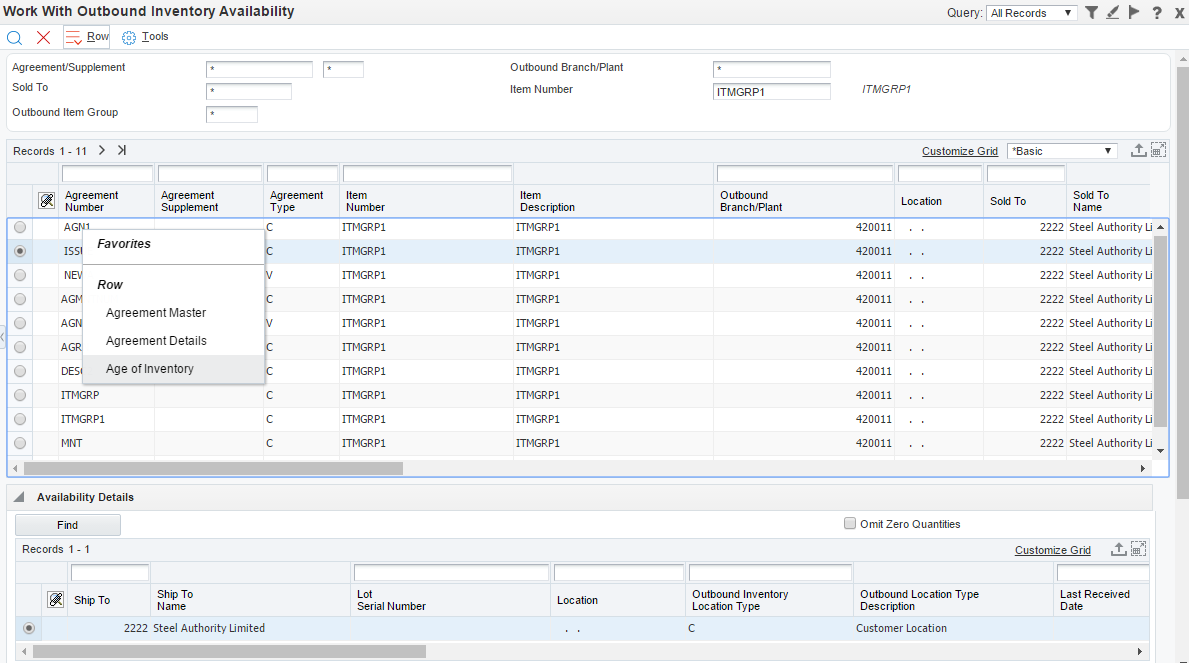 Work With Outbound Inventory Availability Form