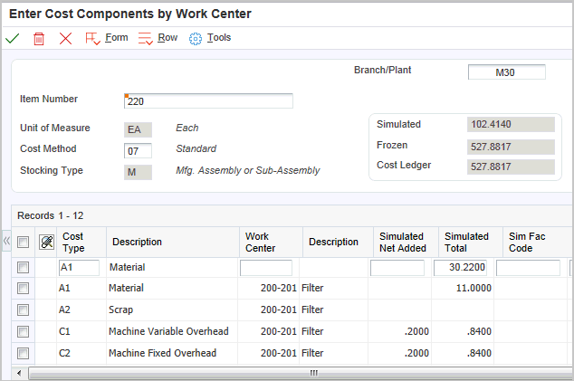 Enter Cost Components by Work Center form