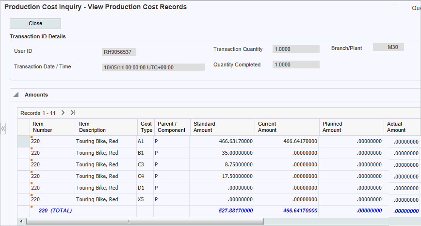 Production Cost Inquiry - View Production Cost Records form