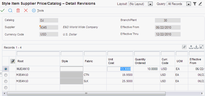 Style Item Supplier Price/Catalog – Detail Revisions form