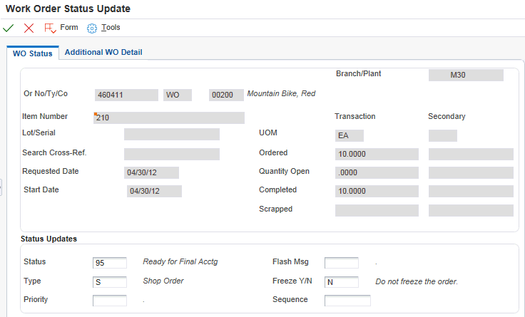 Work Order Status Update form