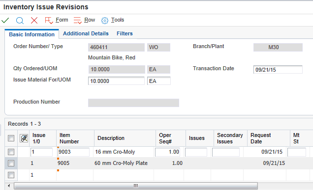 Inventory Issue Revisions form