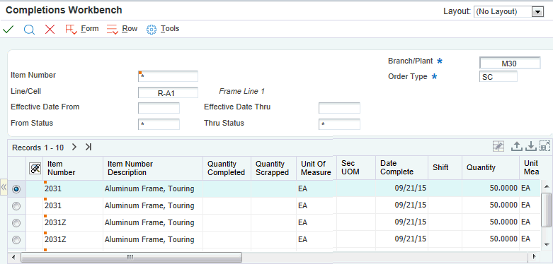 Completions Workbench form