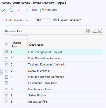 Work With Work Order Record Types form