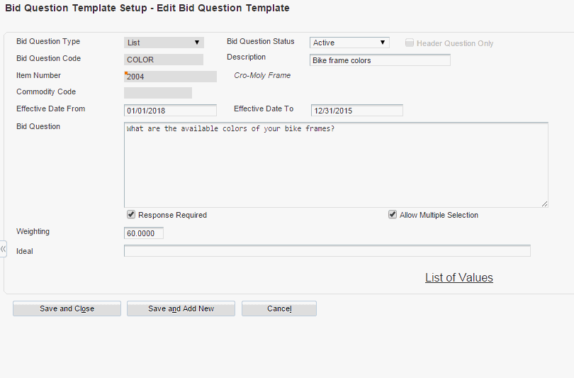 Add Bid Question Template form