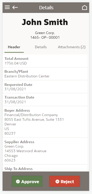 Purchase Orders Details screen