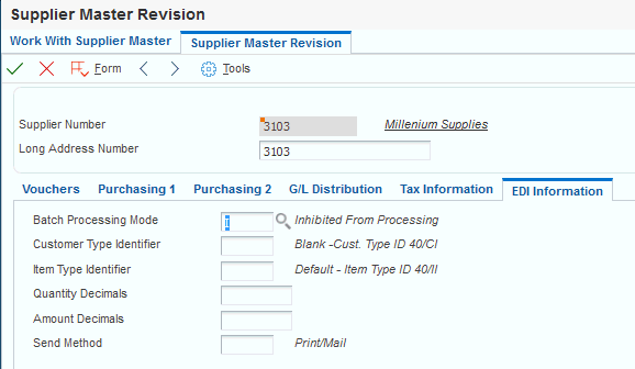 Supplier Master Revisions form, EDI Information tab