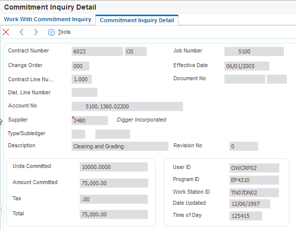 Commitment Inquiry Detail form