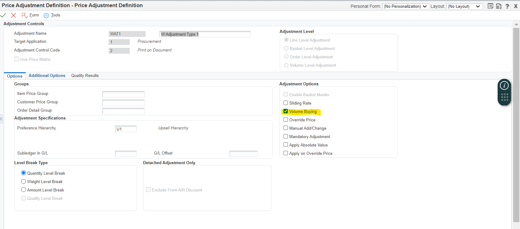 Volume Buying check box - Price Adjustment Definition program 