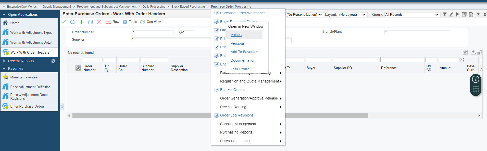 Enter Purchase Order -Values