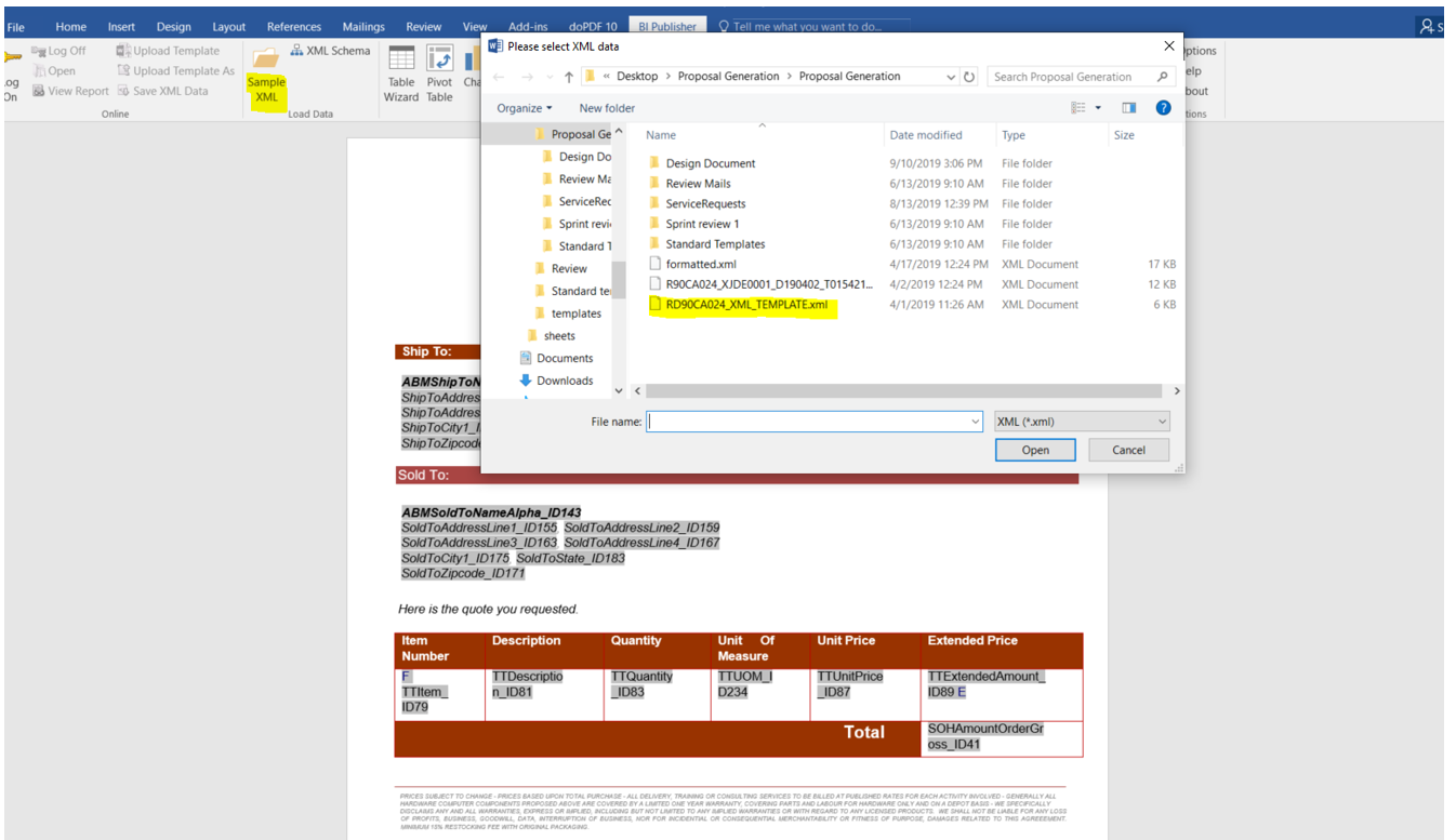 Use this screen to select XML data template.