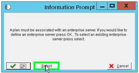Information prompt window for associating the Enterprise Server.