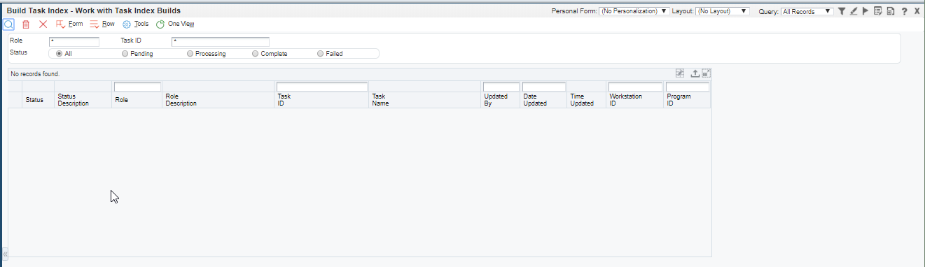 Build Task Index – Work with Task Index Builds Form 
