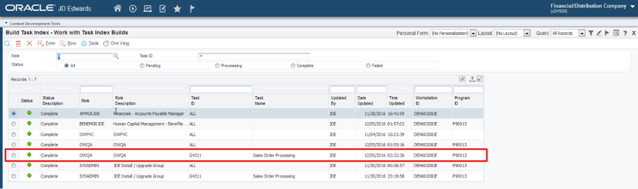 Build Task Index – Work with Task Index Builds Form 