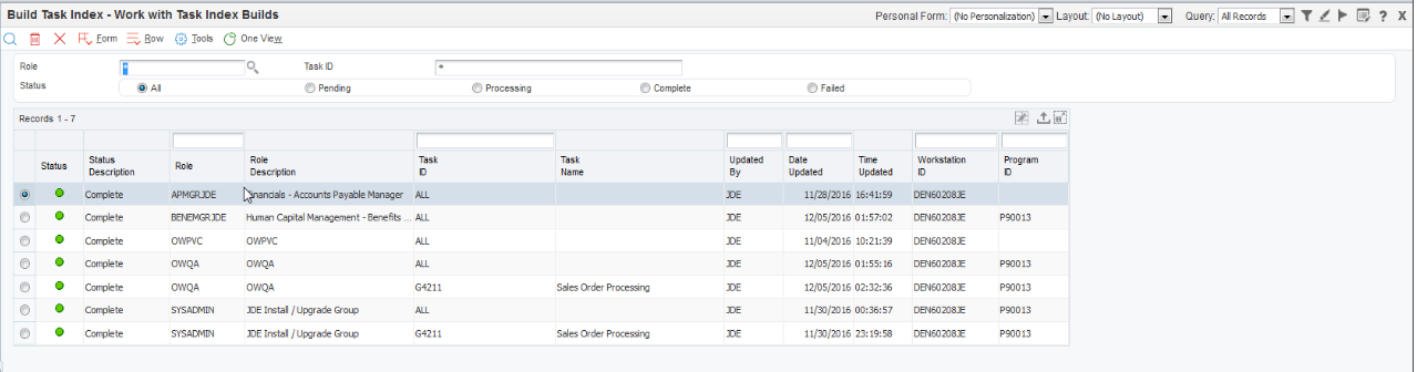 Build Task Index – Work with Task Index Builds Form 