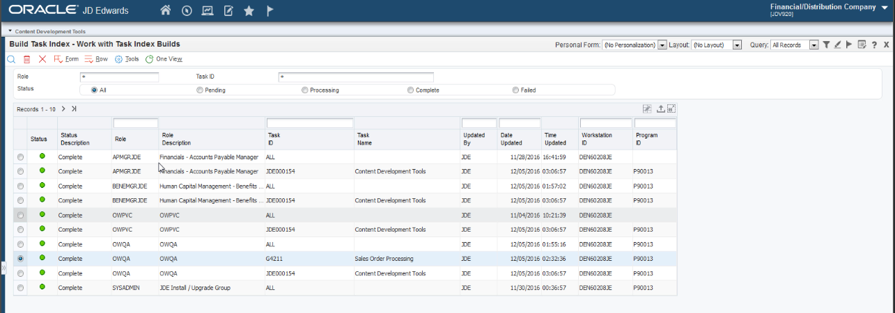 Build Task Index – Work with Task Index Builds Form 