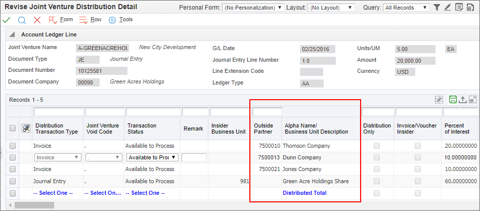 Distribution Details of a JV Account Ledger Record