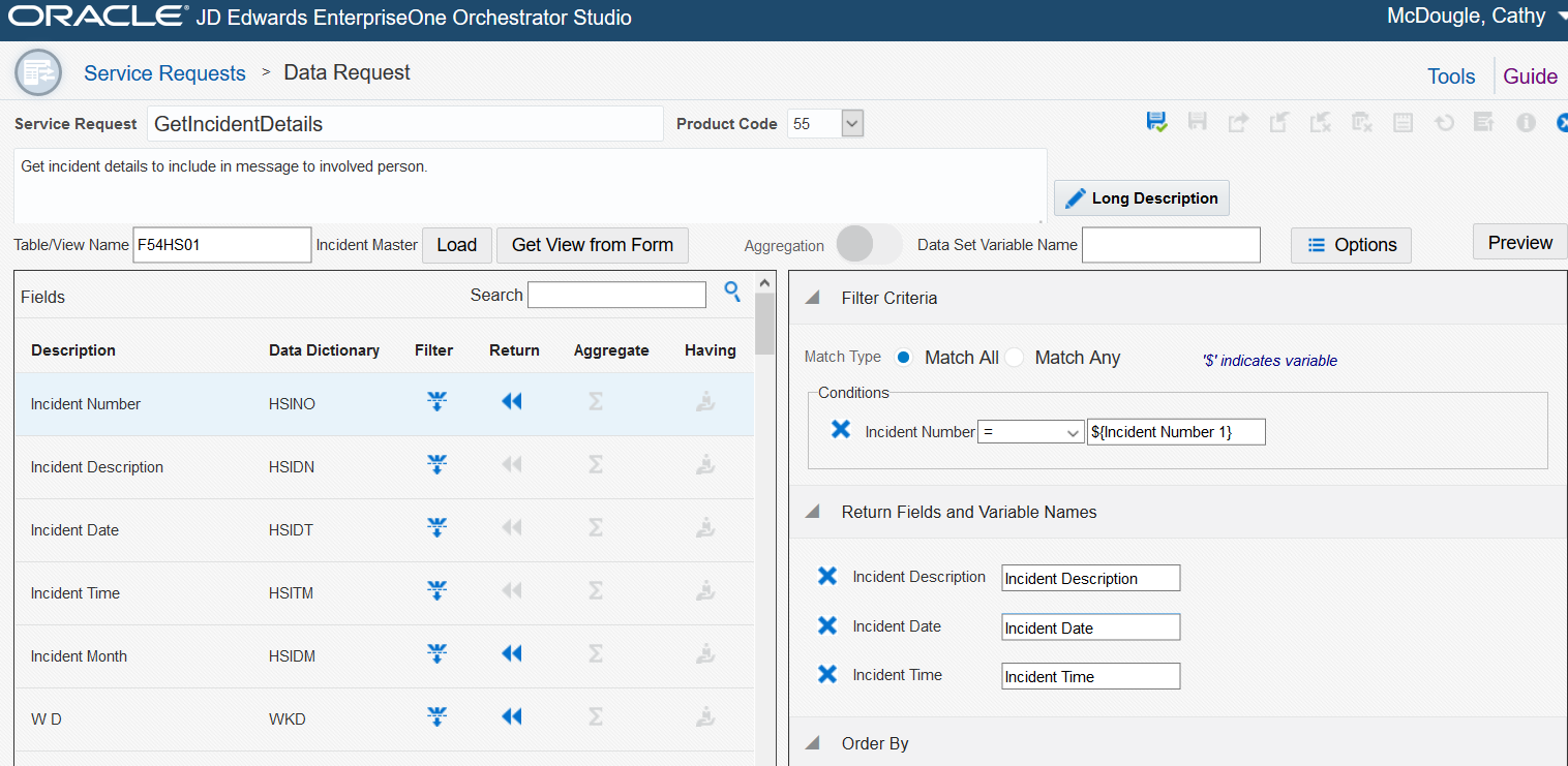 This image shows the NewIncidentPerson orchestration with the GetIncidentDetails data request added to it.