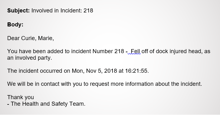 This image shows an example of the message sent to the involved person.