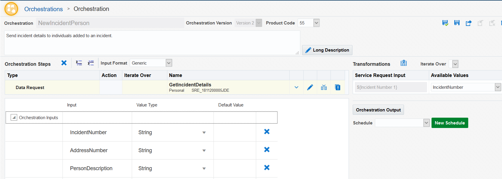 This image shows the NewIncidentPerson orchestration with the GetIncidentDetails data request added to it.