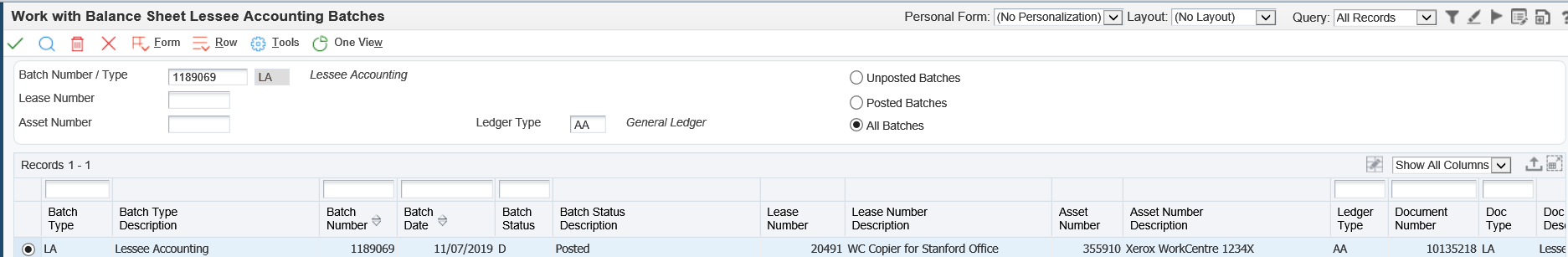 Work with Balance Sheet Lessee Accounting Batches form
