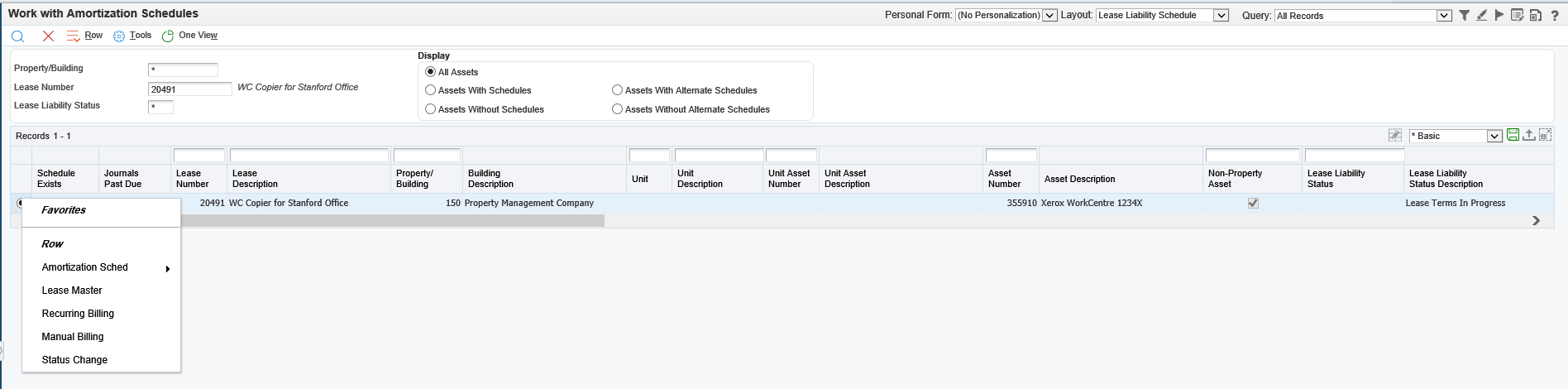 Row menu of Work With Amortization Schedule Form